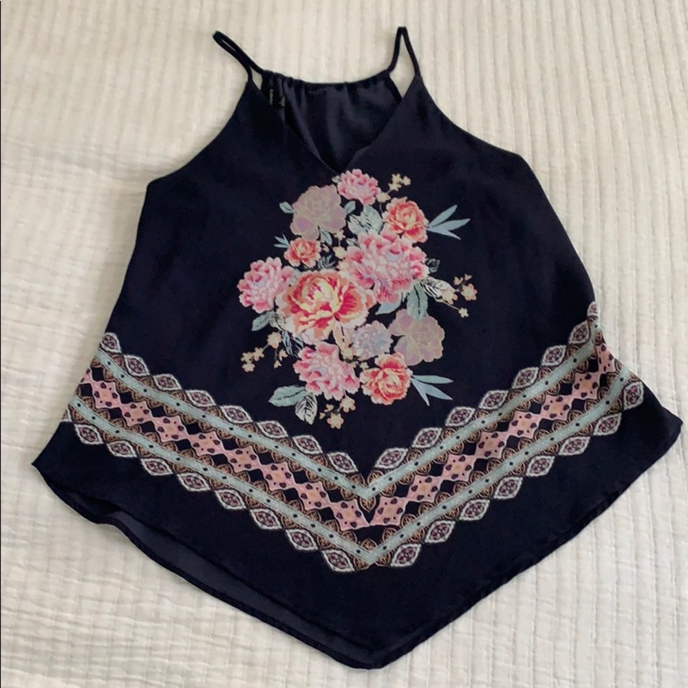 Fortune & Ivy Navy floral spaghetti strap shirt
